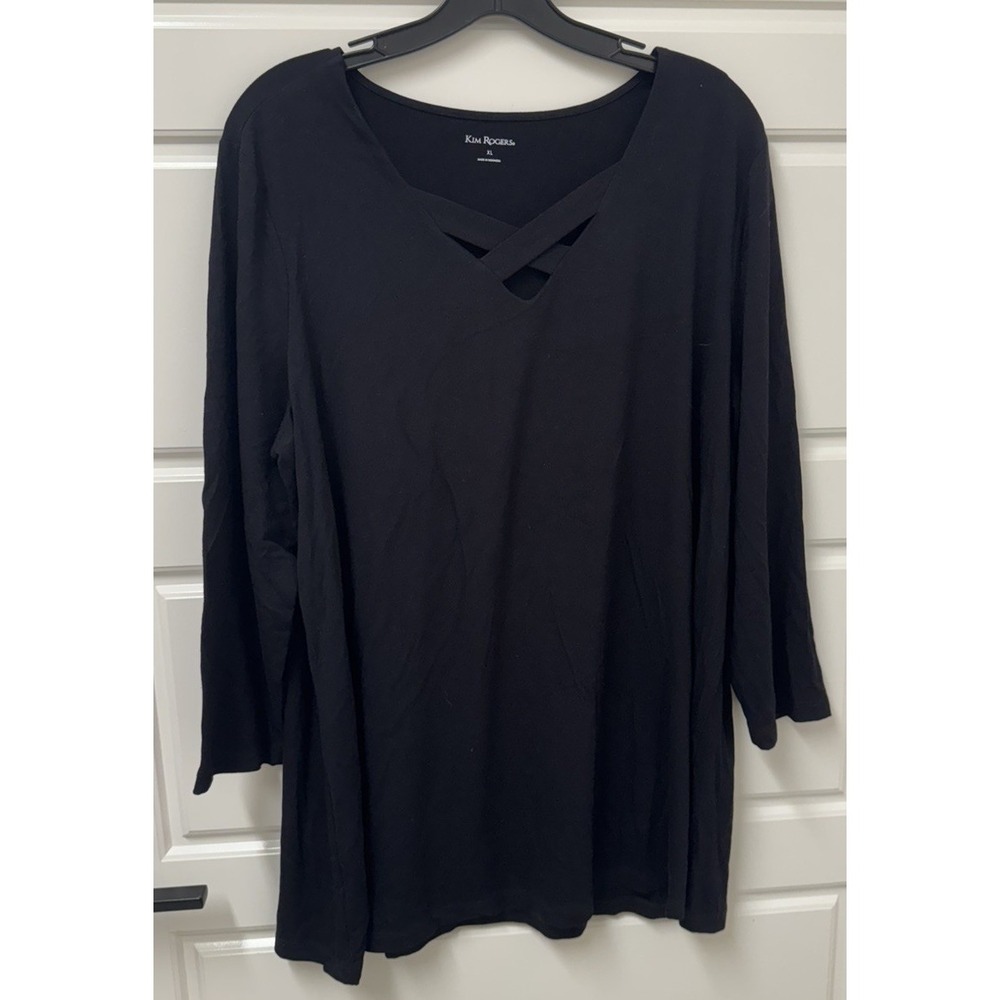 XL Kim Rogers Black Tunic Pullover Blouse Top Stretch V-Neck Keyhole